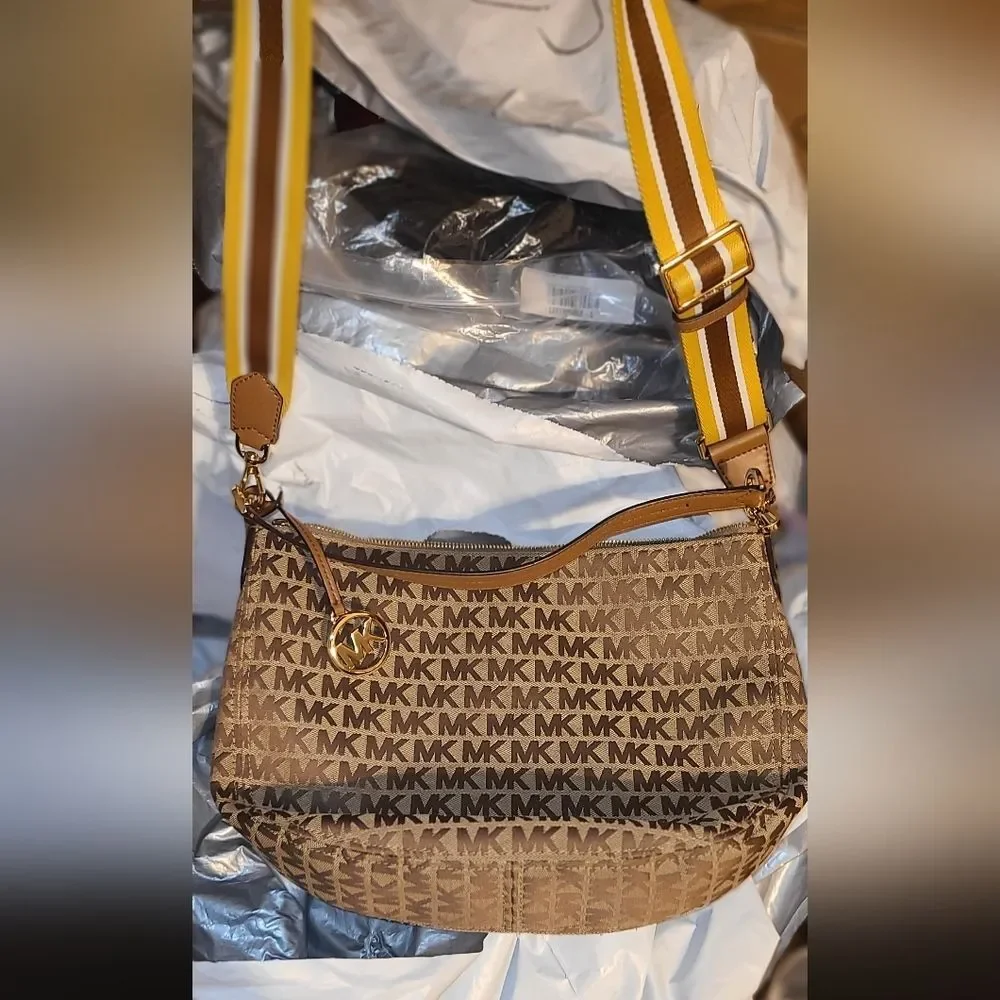 NEW Michael Kors MK Designer Bedford Hobo Bag Tan jacquard Purse Bag Crossbody